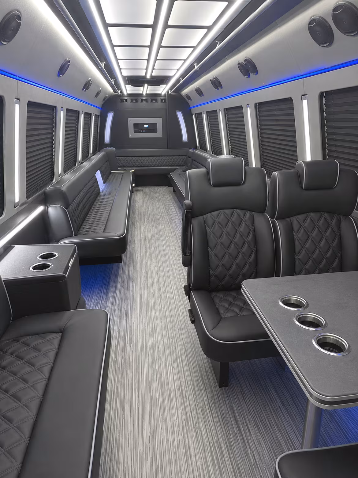 Interior of a party bus rental serving Dayton
